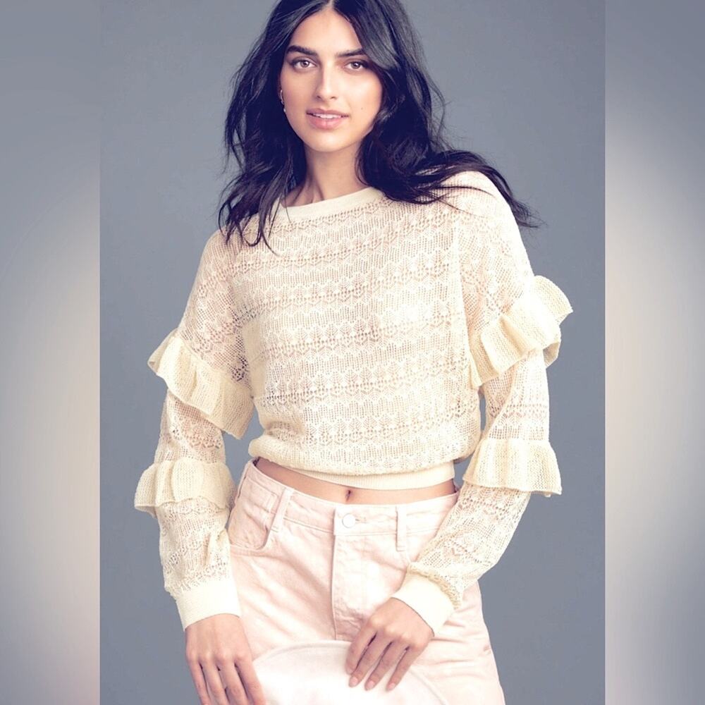 Anthropologie Womens NEW Sweater Sheer Sz XS Cream Open-Stitch Ruffle Pull-Over